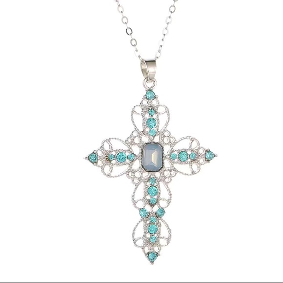 Jewelry - Ornate Teal Blue Silver Toned Cross Necklace